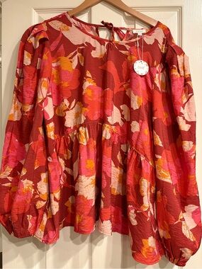 ODDY NWT Red Pink Abstract Floral Blouse Size 2X Long Sleeve Office Casual